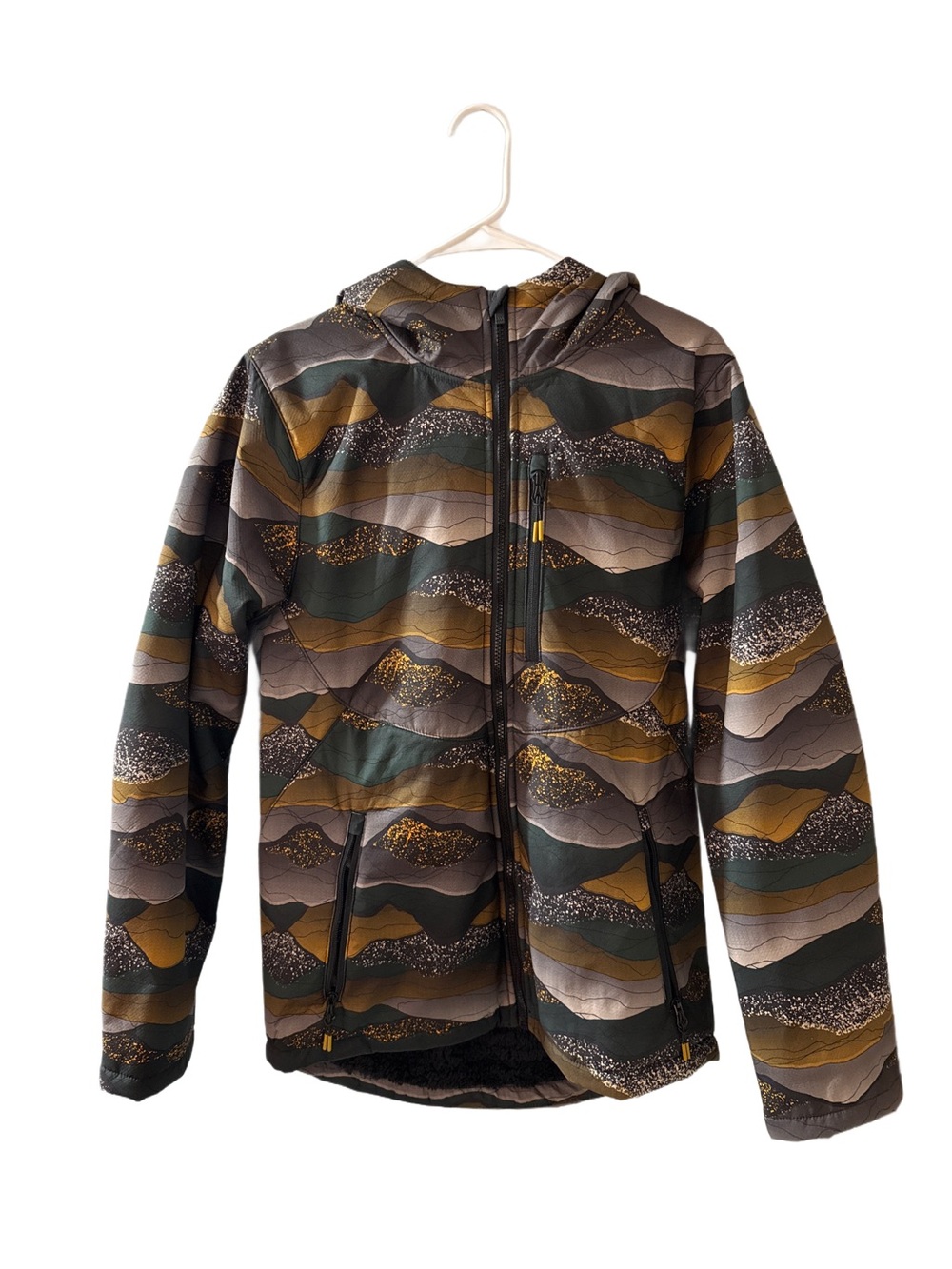 Target Men's Hooded Puffer Jacket in Olive, Brown & Gray Wave Print